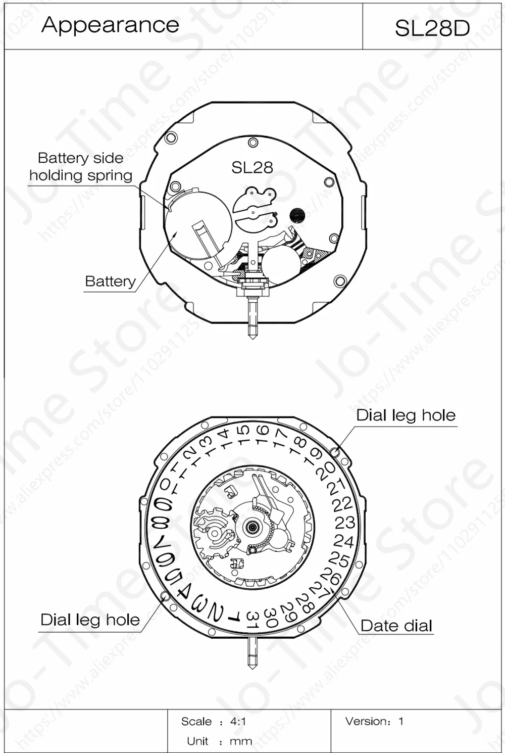 Sunon SL28-3 Quartz Movement Three Hands Calendar Date a Affordable Long-Duration Accuracy up to 2115 for Watch Repair