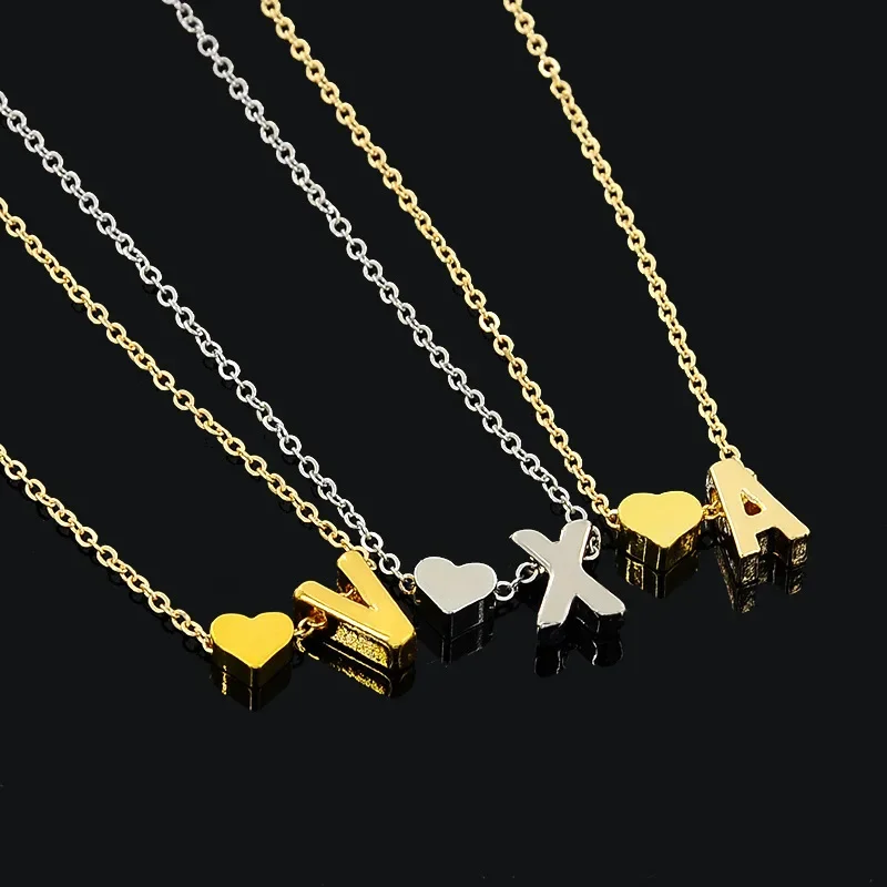 XINYI Fashion Tiny Heart Dainty Initial Necklace Gold Silver Color Letter Name Choker For Women Pendant Jewelry Gift