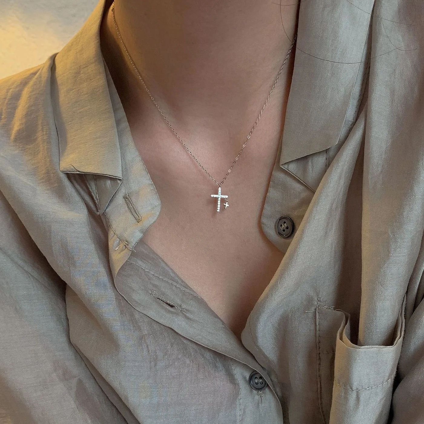 Fashion Simple Stainless Steel Cross Necklaces for Women Luxury Design Metal Zircon Clavicle Chain Choker Jewelry Birthday Gift