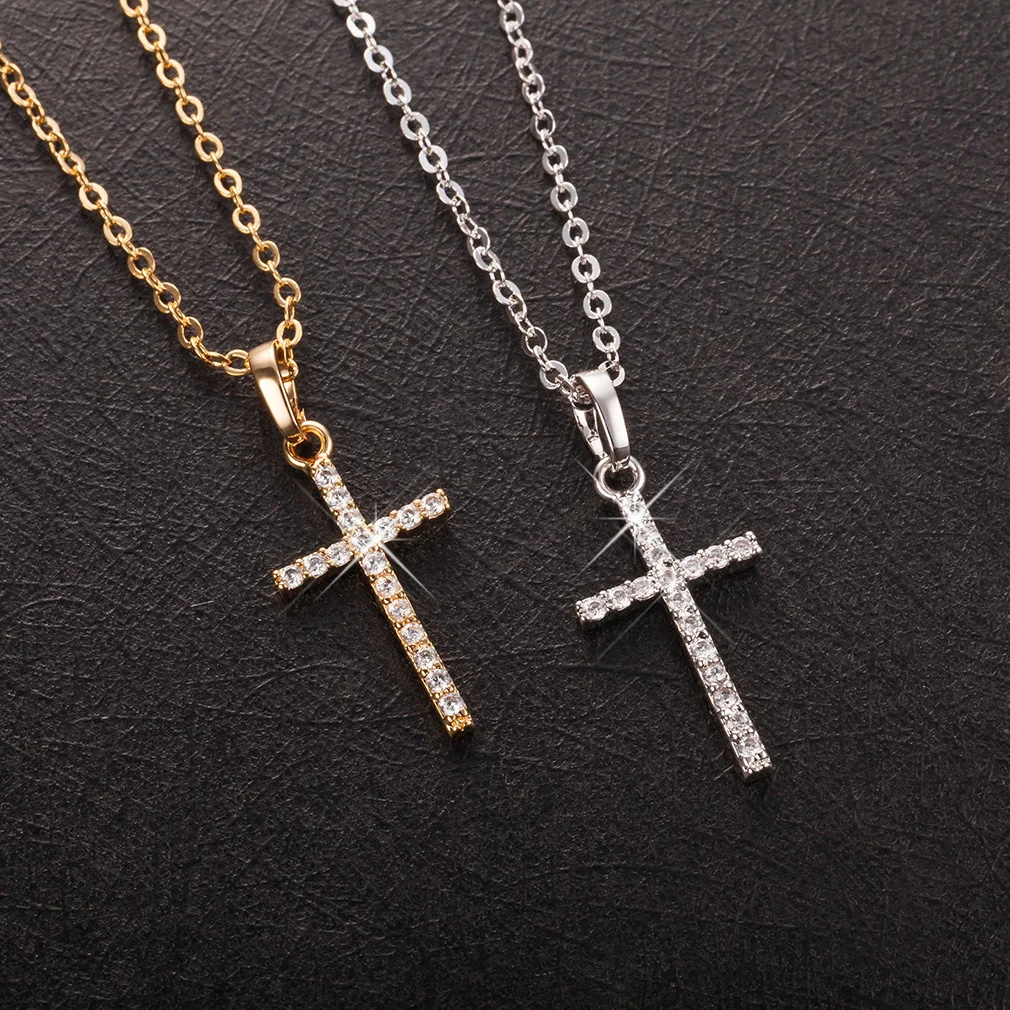 New Crystal Christian Jesus Cross Pendant Necklaces Women Fashion Gold Silver Color Clavicle Chain Necklace Collar Jewelry Gift