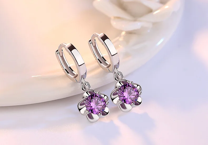 925 Sterling Silver Earrings Jewelry High Quality Retro Simple Pattern Purple White Zircon Earrings Hot Sale
