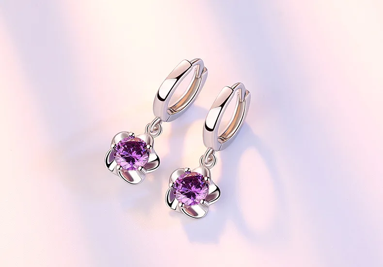 925 Sterling Silver Earrings Jewelry High Quality Retro Simple Pattern Purple White Zircon Earrings Hot Sale
