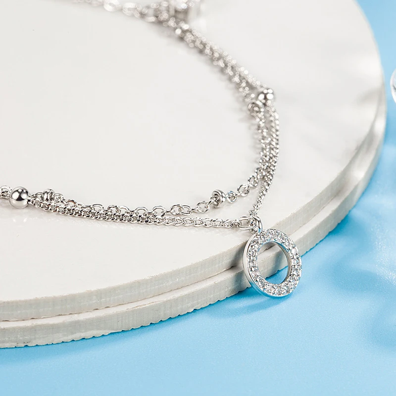 New Fashion 925 Sterling Silver Round Rhinestone CZ Pendant Double Layer Anklets Women Jewelry Summer Zircon Foot Chain Bracelet