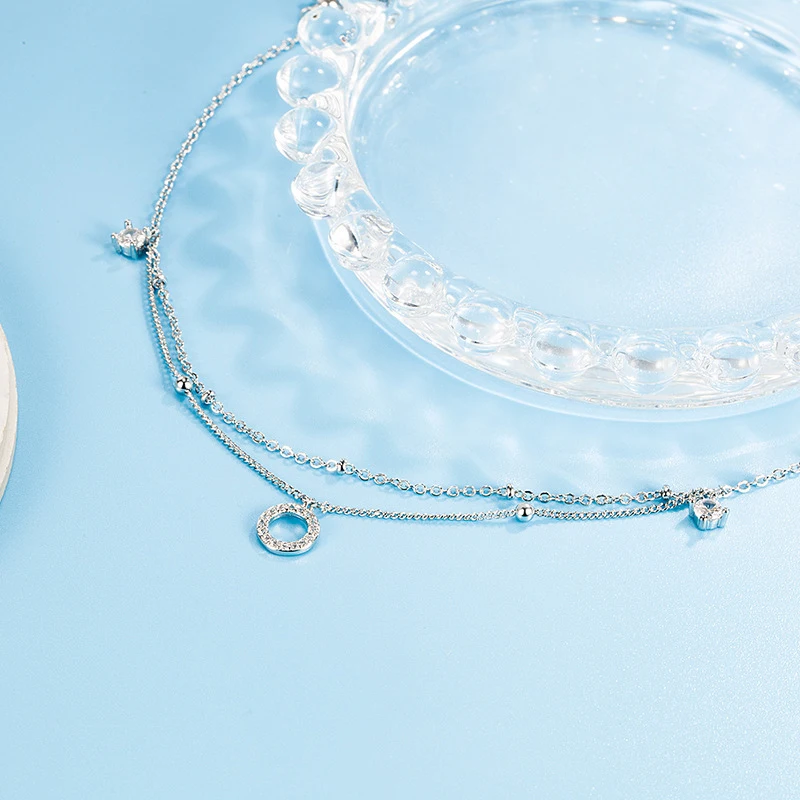 New Fashion 925 Sterling Silver Round Rhinestone CZ Pendant Double Layer Anklets Women Jewelry Summer Zircon Foot Chain Bracelet