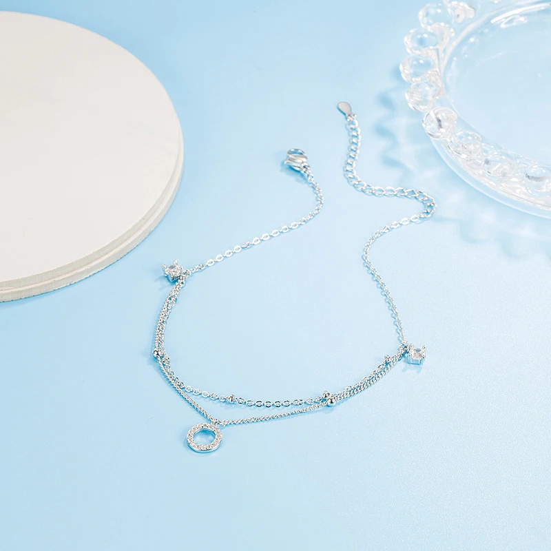 New Fashion 925 Sterling Silver Round Rhinestone CZ Pendant Double Layer Anklets Women Jewelry Summer Zircon Foot Chain Bracelet