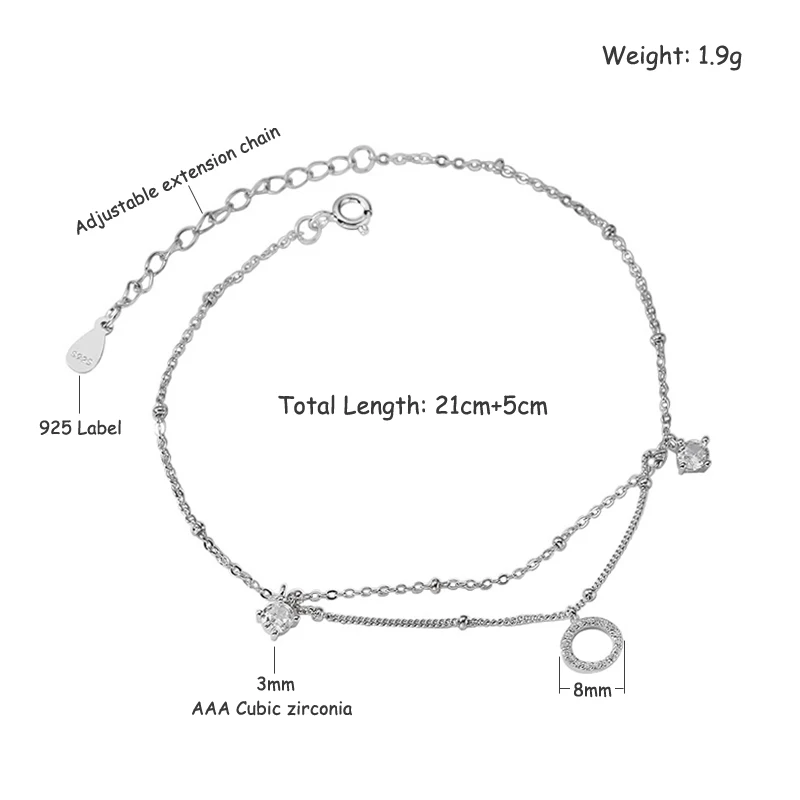 New Fashion 925 Sterling Silver Round Rhinestone CZ Pendant Double Layer Anklets Women Jewelry Summer Zircon Foot Chain Bracelet