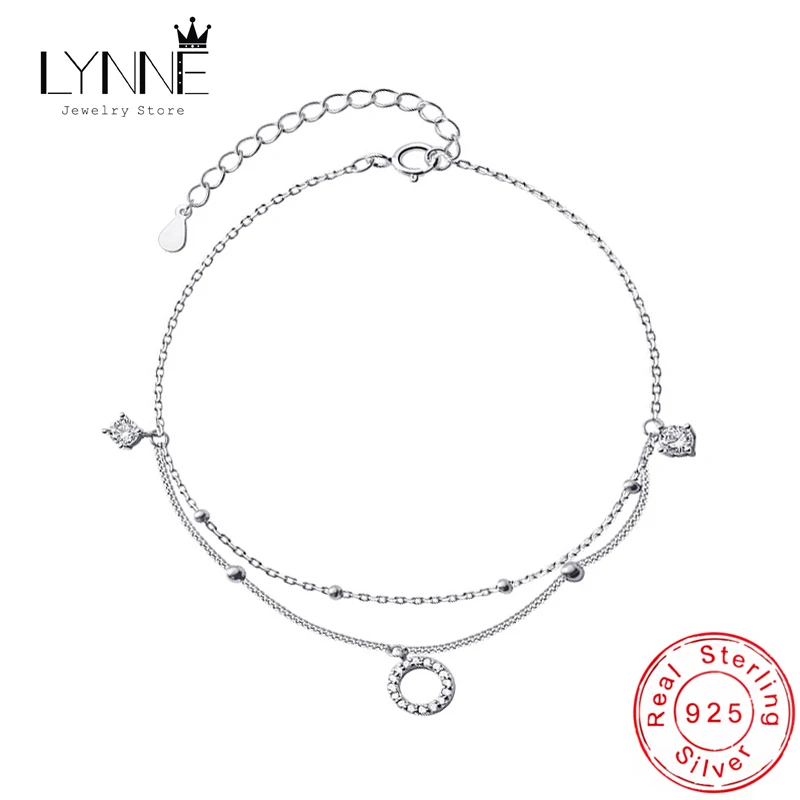 New Fashion 925 Sterling Silver Round Rhinestone CZ Pendant Double Layer Anklets Women Jewelry Summer Zircon Foot Chain Bracelet