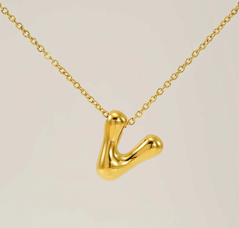 Fashion Stainless Steel Gold Balloon Bubble 26 Initial Letter 18k Pendant Necklace for Women Personalized Jewelry Gift Bulk Sale