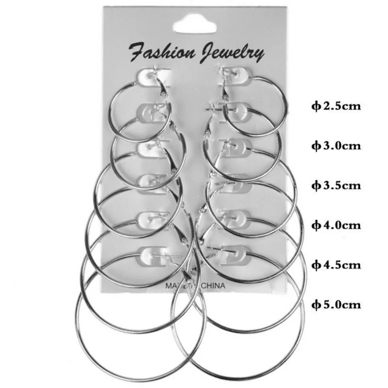 6 Pairs Fashion Hoop Earrings Set For Women Silver Color Round Circle Earring Studs Female Trendy Ladies Party Jewelry Gift