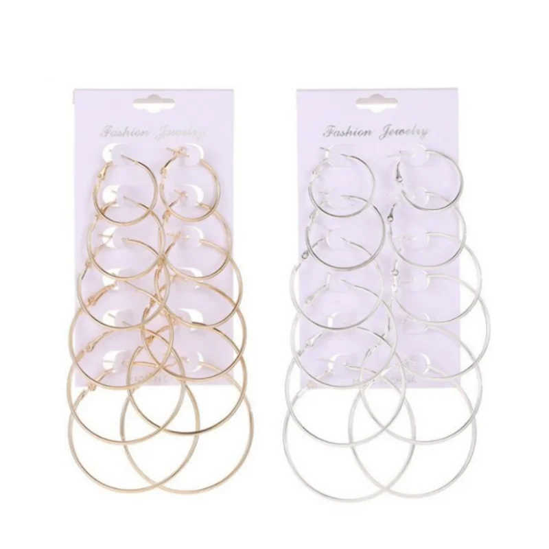 6 Pairs Fashion Hoop Earrings Set For Women Silver Color Round Circle Earring Studs Female Trendy Ladies Party Jewelry Gift