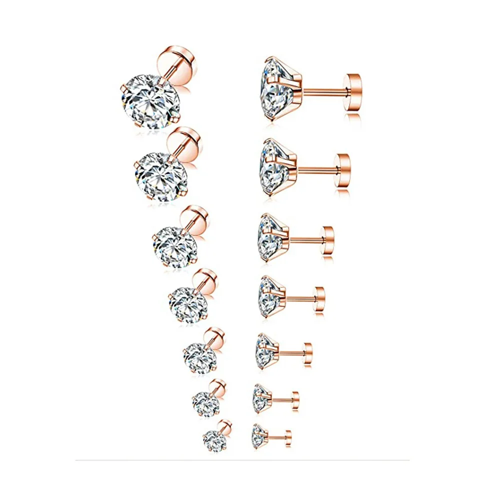 1Pair Classic Flat Back Screw Studs Stainless Steel Small Tiny Crystal Studs Earrings Women Men Piercing 4 Prong Tragus Earrings