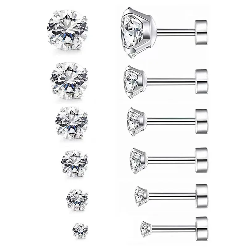 1Pair Classic Flat Back Screw Studs Stainless Steel Small Tiny Crystal Studs Earrings Women Men Piercing 4 Prong Tragus Earrings