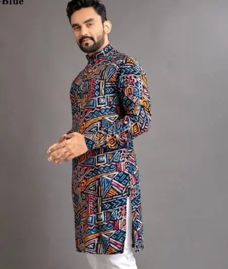 2025 men digital printed kurta vardha regular fit Mandarin collar long suitable All Occasions such wedding Hari Raya Aidilfitri