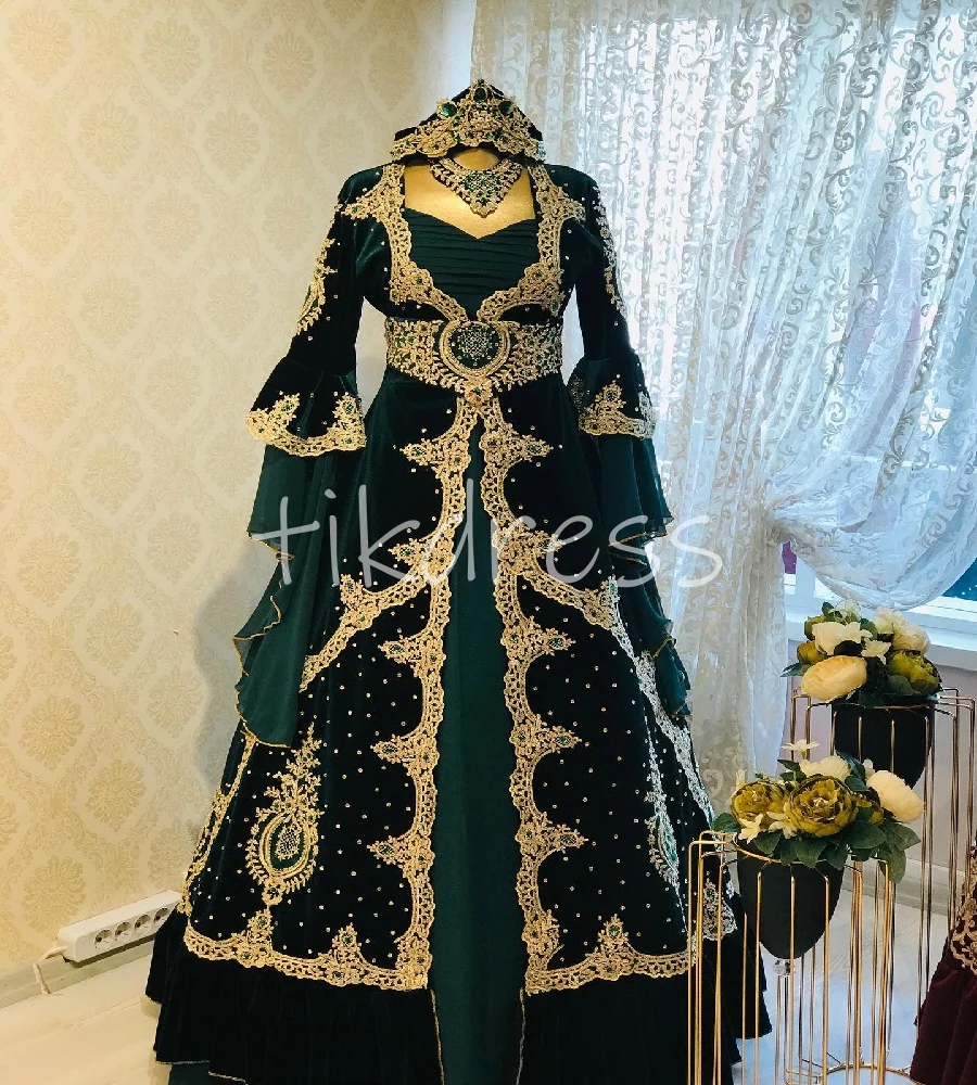 Ottoman Style Turkish Green Wedding Dress With Gold Lace Elegant Moroccan Kaftan Middle East  Pakistani Bridal Dress Customized