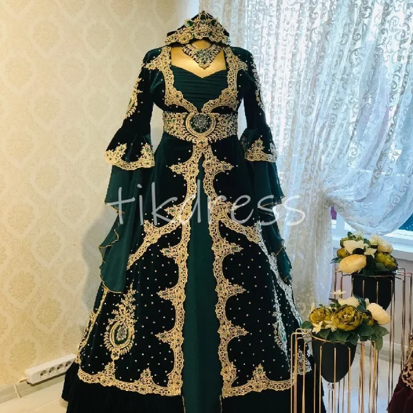 Ottoman Style Turkish Green Wedding Dress With Gold Lace Elegant Moroccan Kaftan Middle East  Pakistani Bridal Dress Customized