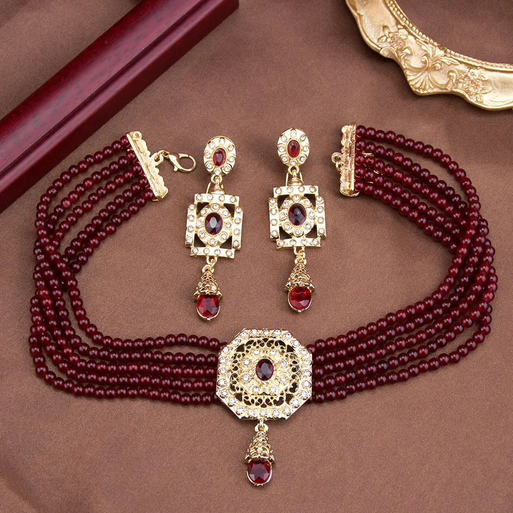 Sunspicems Algeria Beads Choker Necklace String Neck Chain Square Earring For Women Morocco Caftan Jewelry Arabic Bridal Bijoux