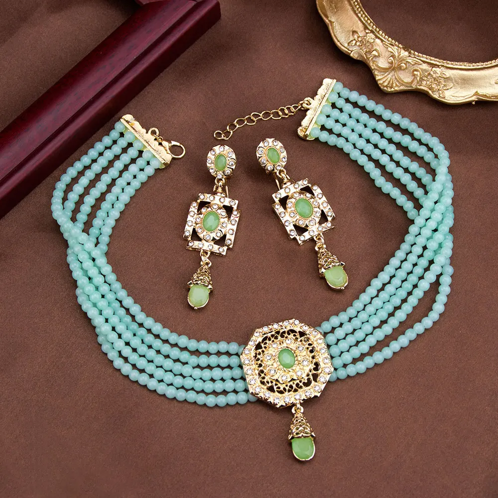 Sunspicems Algeria Beads Choker Necklace String Neck Chain Square Earring For Women Morocco Caftan Jewelry Arabic Bridal Bijoux