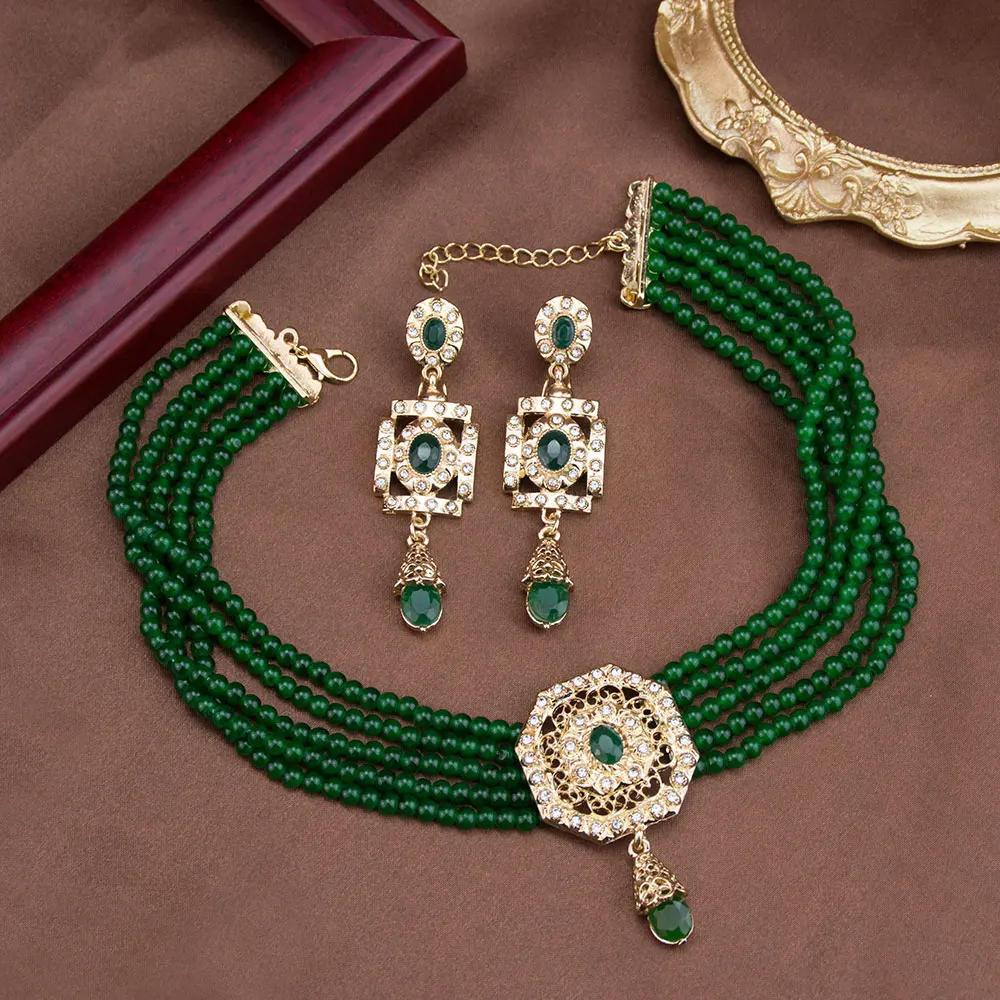 Sunspicems Algeria Beads Choker Necklace String Neck Chain Square Earring For Women Morocco Caftan Jewelry Arabic Bridal Bijoux