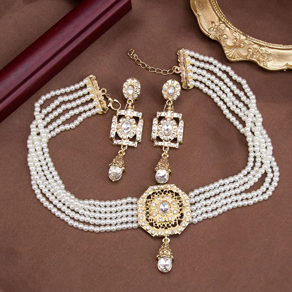 Sunspicems Algeria Beads Choker Necklace String Neck Chain Square Earring For Women Morocco Caftan Jewelry Arabic Bridal Bijoux
