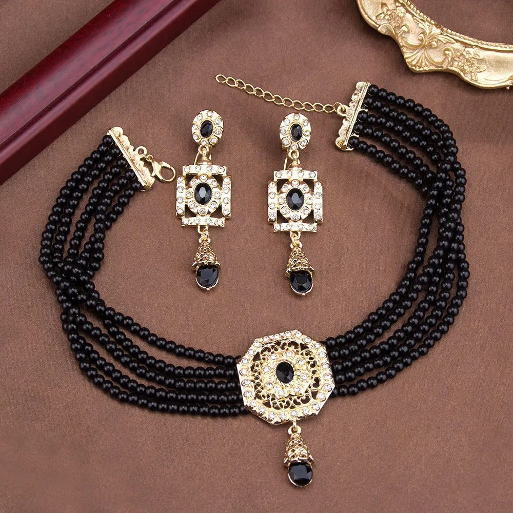 Sunspicems Algeria Beads Choker Necklace String Neck Chain Square Earring For Women Morocco Caftan Jewelry Arabic Bridal Bijoux