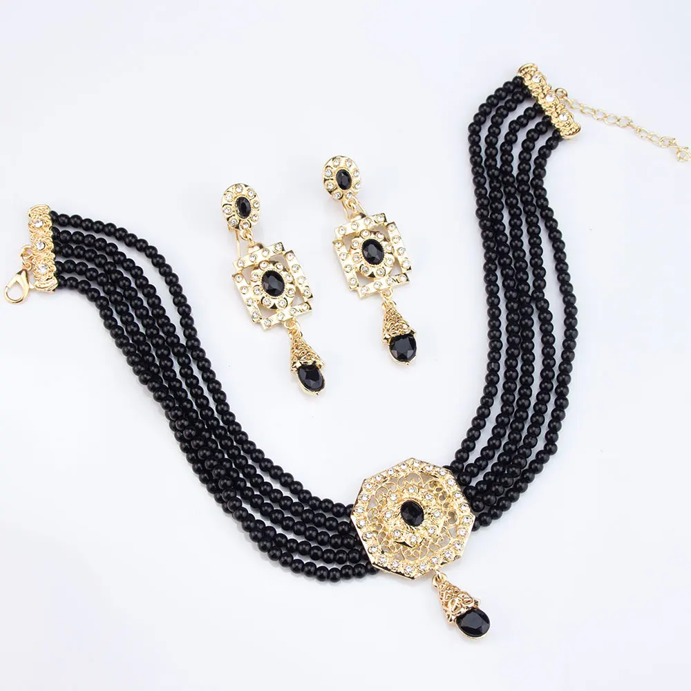 Sunspicems Algeria Beads Choker Necklace String Neck Chain Square Earring For Women Morocco Caftan Jewelry Arabic Bridal Bijoux