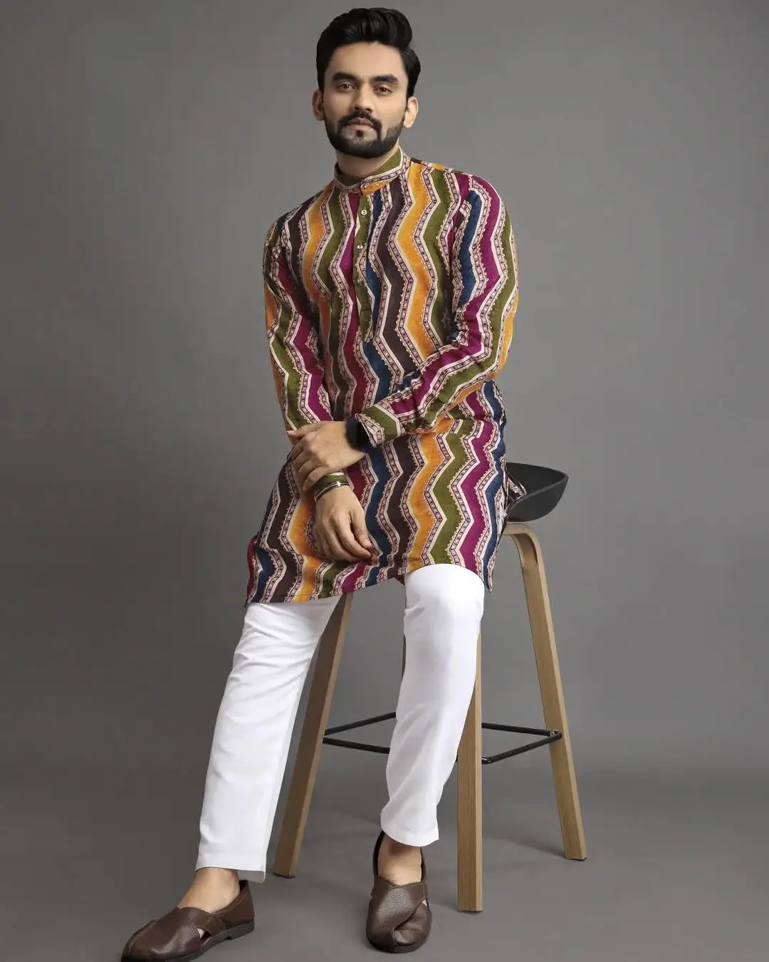 2025 men digital printed kurta vardha regular fit Mandarin collar long suitable All Occasions such wedding Hari Raya Aidilfitri