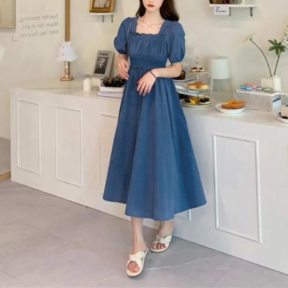 Summer Women Dress Pleated Shirring Square Neck Short Sleeve Bubble Sleeve Ladies Dress Solid Color Loose Hem Midi Dress