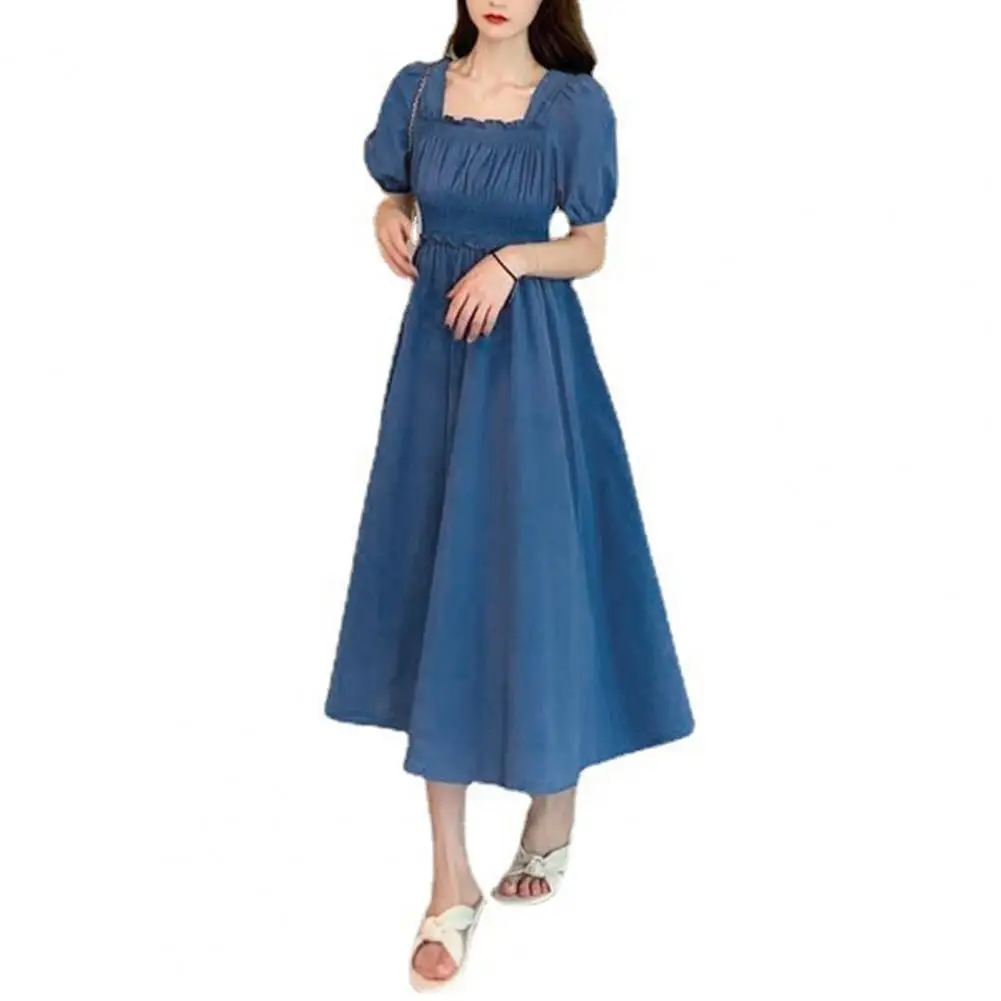 Summer Women Dress Pleated Shirring Square Neck Short Sleeve Bubble Sleeve Ladies Dress Solid Color Loose Hem Midi Dress