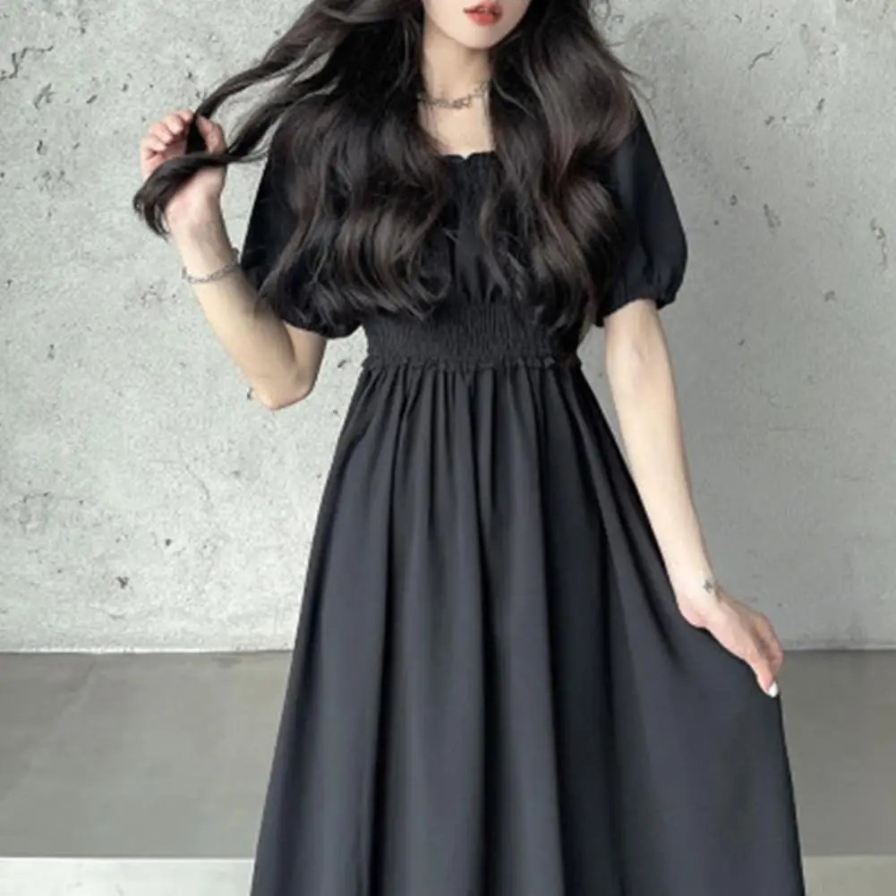 Summer Women Dress Pleated Shirring Square Neck Short Sleeve Bubble Sleeve Ladies Dress Solid Color Loose Hem Midi Dress