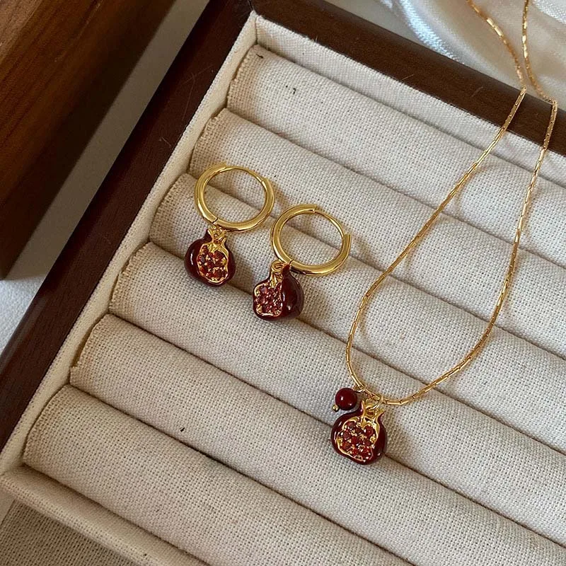 2025 New Trendy Red Pomegranate Pendant Necklace for Women Sweet Cute Fruit Clavicle Chain Charm Earrings Choker Jewelry Gift