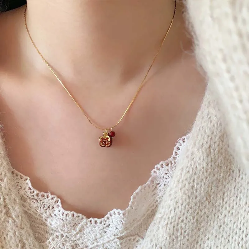 2025 New Trendy Red Pomegranate Pendant Necklace for Women Sweet Cute Fruit Clavicle Chain Charm Earrings Choker Jewelry Gift