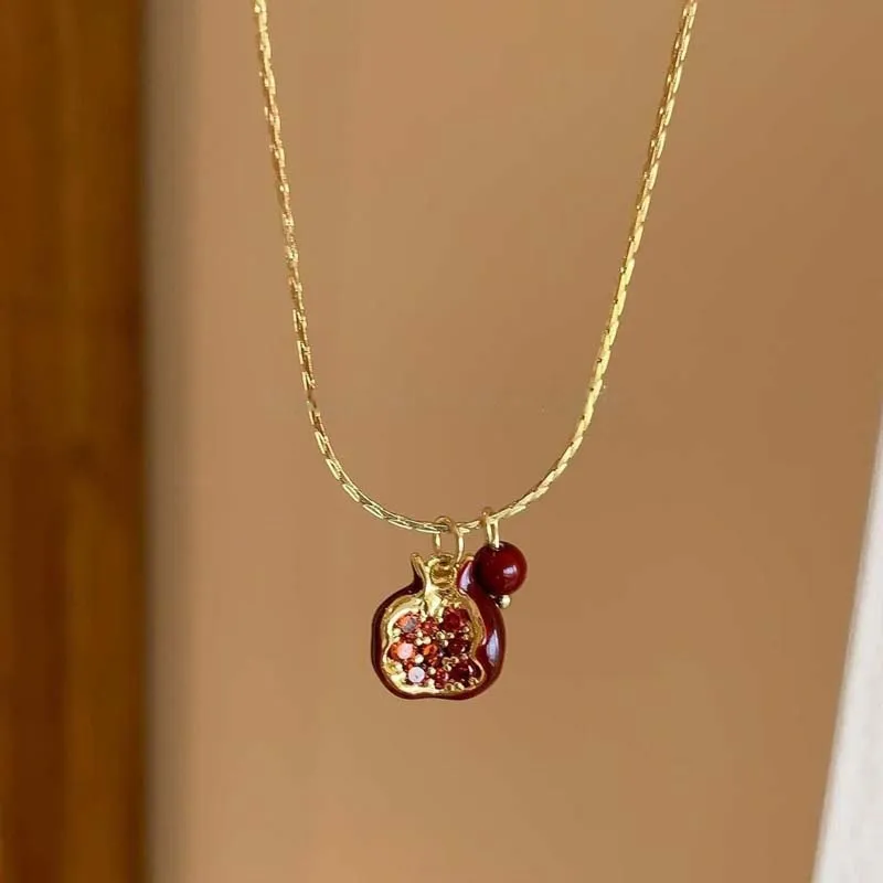 2025 New Trendy Red Pomegranate Pendant Necklace for Women Sweet Cute Fruit Clavicle Chain Charm Earrings Choker Jewelry Gift