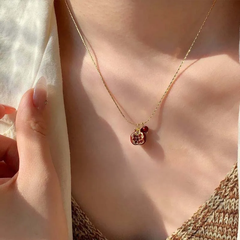 2025 New Trendy Red Pomegranate Pendant Necklace for Women Sweet Cute Fruit Clavicle Chain Charm Earrings Choker Jewelry Gift