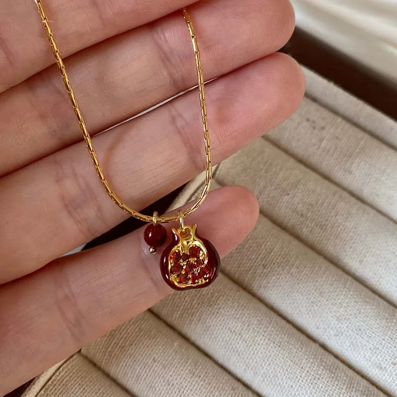2025 New Trendy Red Pomegranate Pendant Necklace for Women Sweet Cute Fruit Clavicle Chain Charm Earrings Choker Jewelry Gift