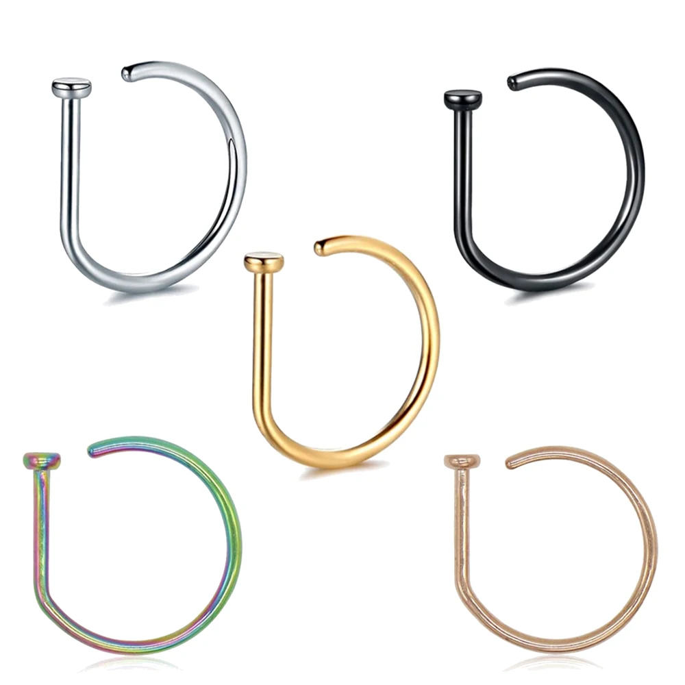 Curved Barbells Fake Nose Piercing 18G D Shaped Tragus Helix Stud Earring Hoop Septum Stainless Steel Ring Nostril Body Jewelry