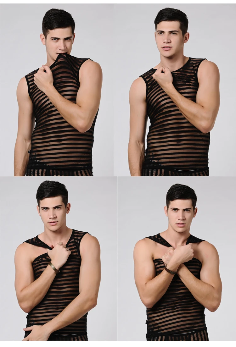 Striped Transparent Tank Top Black Sexy Mesh Tops Men Clothing Gym Quick Dry Vests Fashion Casual Summer Sleeveless Solid Top