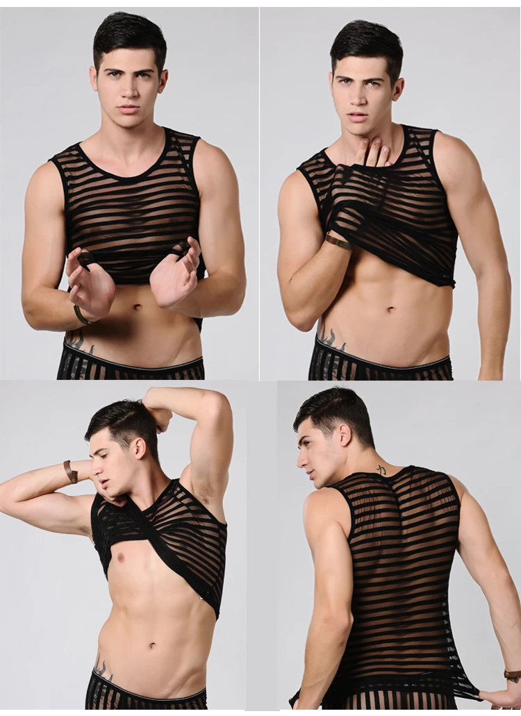 Striped Transparent Tank Top Black Sexy Mesh Tops Men Clothing Gym Quick Dry Vests Fashion Casual Summer Sleeveless Solid Top