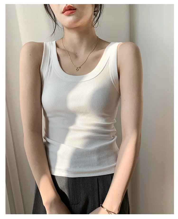 Summer Women White Tank Top Sleeveless Tight Ribbed Female Black Knit Vest Wide Strap Simple Casual Fitness Basic Solid Clothing