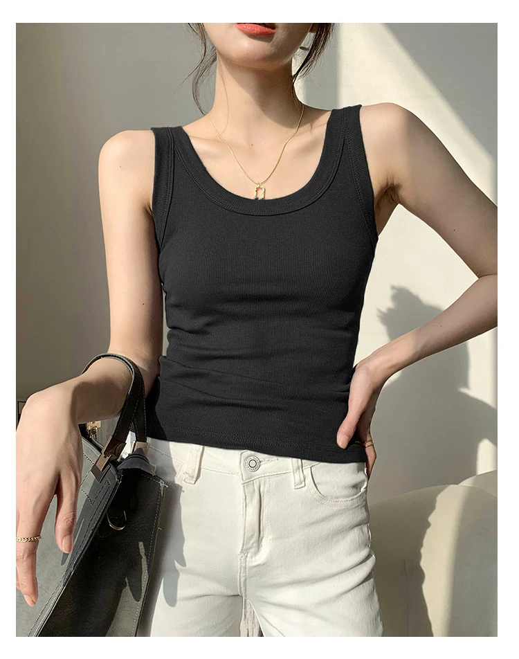 Summer Women White Tank Top Sleeveless Tight Ribbed Female Black Knit Vest Wide Strap Simple Casual Fitness Basic Solid Clothing