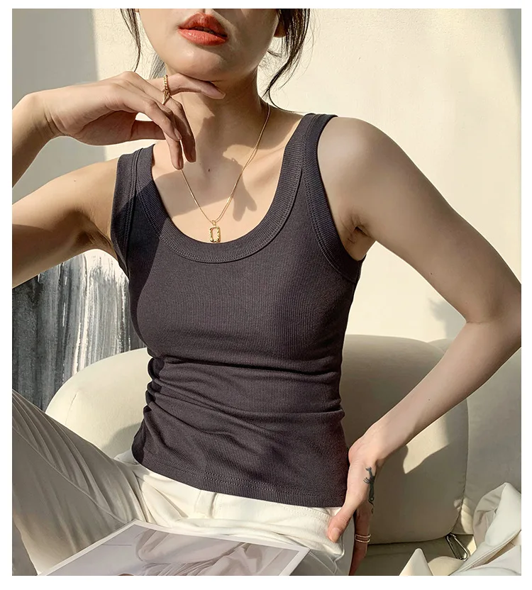 Summer Women White Tank Top Sleeveless Tight Ribbed Female Black Knit Vest Wide Strap Simple Casual Fitness Basic Solid Clothing