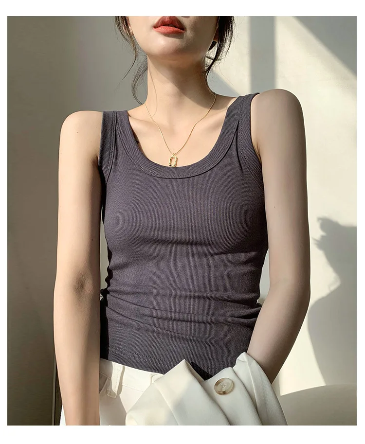 Summer Women White Tank Top Sleeveless Tight Ribbed Female Black Knit Vest Wide Strap Simple Casual Fitness Basic Solid Clothing