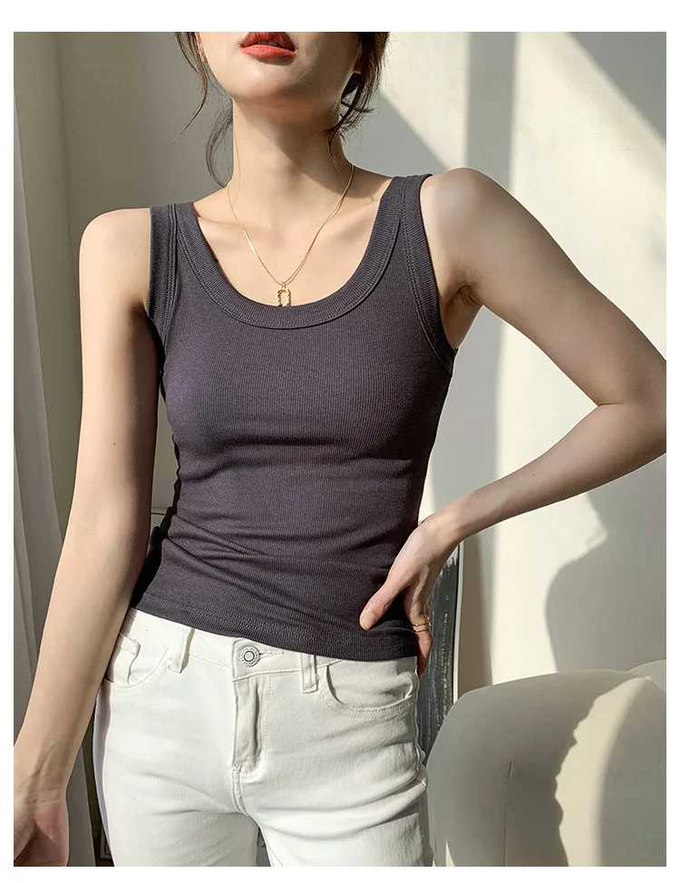 Summer Women White Tank Top Sleeveless Tight Ribbed Female Black Knit Vest Wide Strap Simple Casual Fitness Basic Solid Clothing
