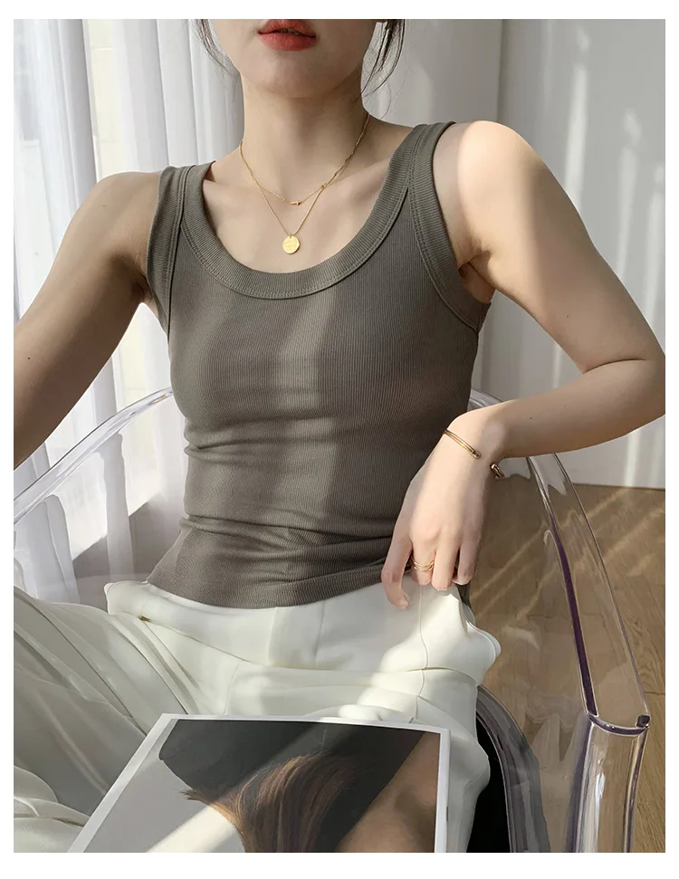 Summer Women White Tank Top Sleeveless Tight Ribbed Female Black Knit Vest Wide Strap Simple Casual Fitness Basic Solid Clothing