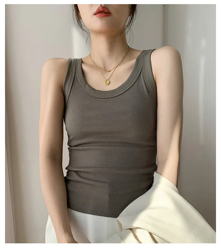 Summer Women White Tank Top Sleeveless Tight Ribbed Female Black Knit Vest Wide Strap Simple Casual Fitness Basic Solid Clothing
