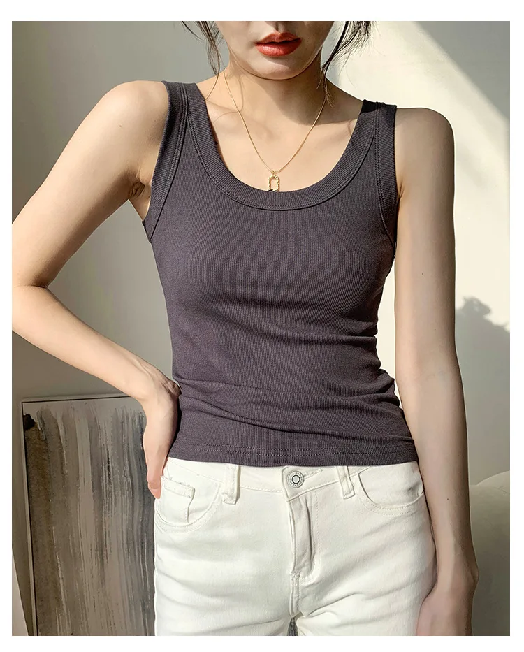 Summer Women White Tank Top Sleeveless Tight Ribbed Female Black Knit Vest Wide Strap Simple Casual Fitness Basic Solid Clothing