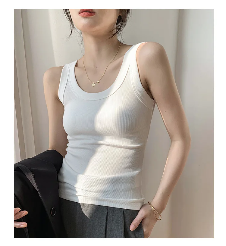 Summer Women White Tank Top Sleeveless Tight Ribbed Female Black Knit Vest Wide Strap Simple Casual Fitness Basic Solid Clothing