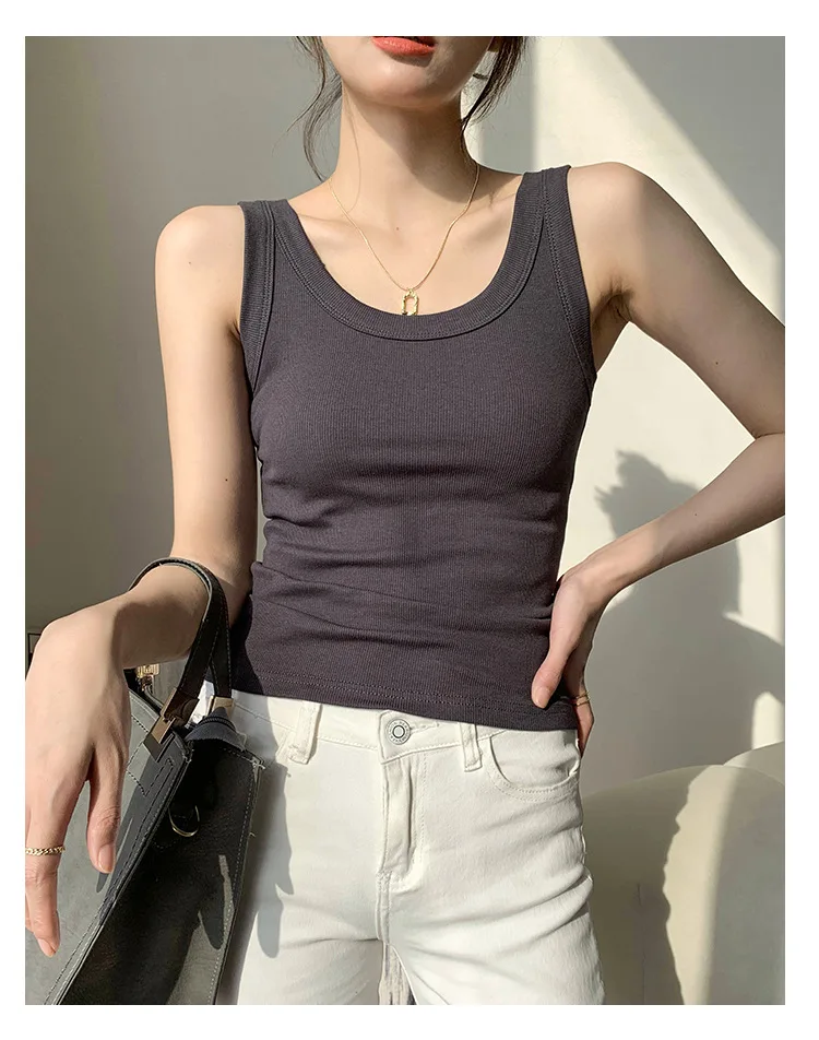 Summer Women White Tank Top Sleeveless Tight Ribbed Female Black Knit Vest Wide Strap Simple Casual Fitness Basic Solid Clothing