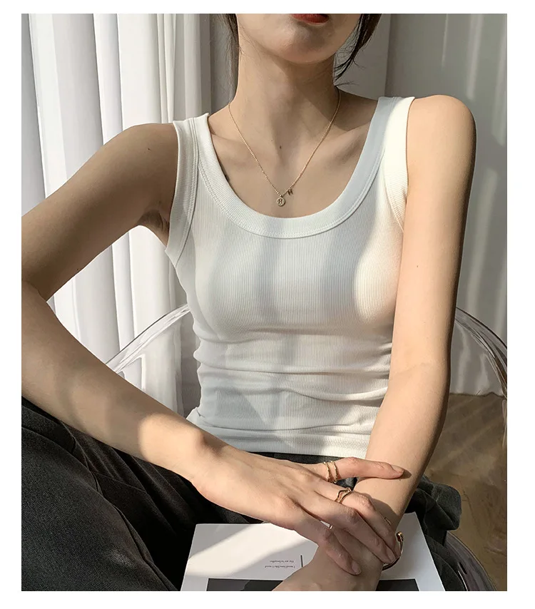 Summer Women White Tank Top Sleeveless Tight Ribbed Female Black Knit Vest Wide Strap Simple Casual Fitness Basic Solid Clothing