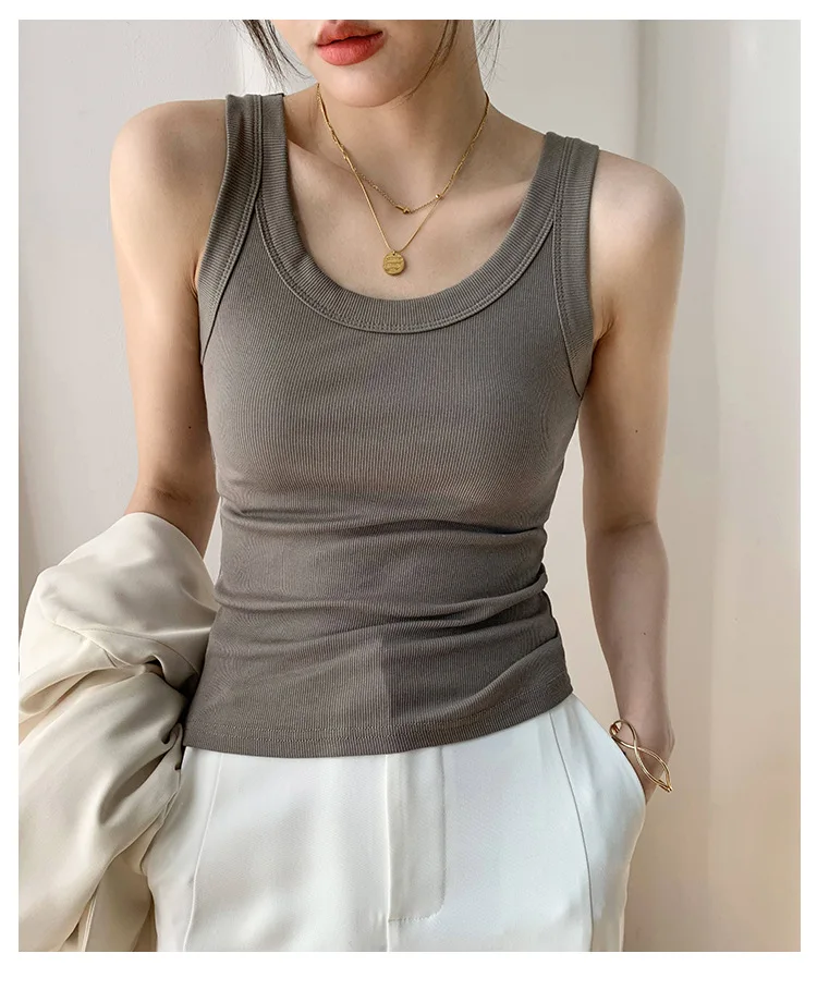 Summer Women White Tank Top Sleeveless Tight Ribbed Female Black Knit Vest Wide Strap Simple Casual Fitness Basic Solid Clothing