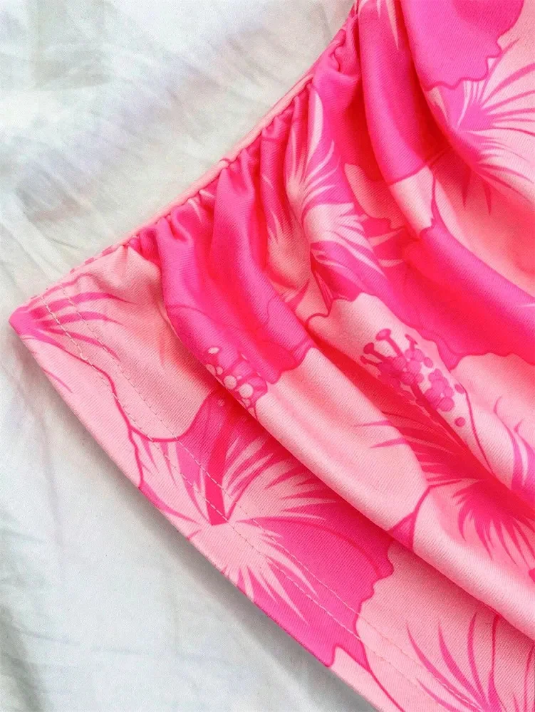 Sexy Floral Ruched Waist Crop Top for Women Summer Graphic Printed Backless Halter Neck Tank Top Streetwear Y2K Clothes